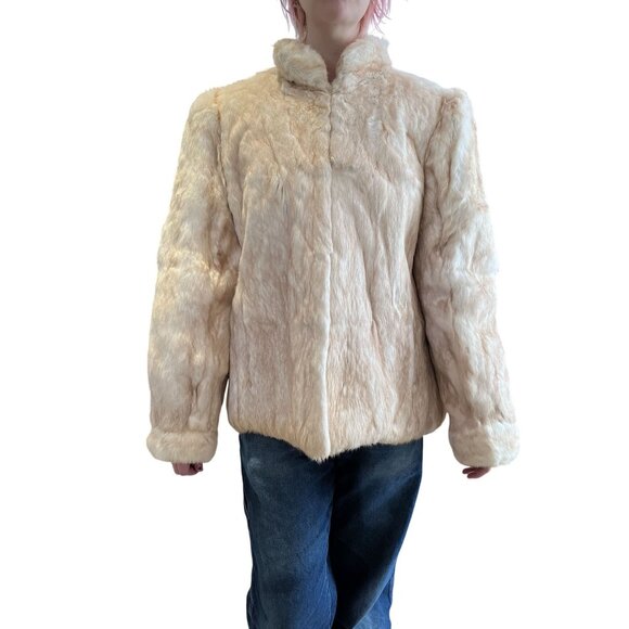 Vintage 1980s White Rabbit Fur Coat Car Length Puff Sleeve Stand-Up Collar M - Picture 1 of 11